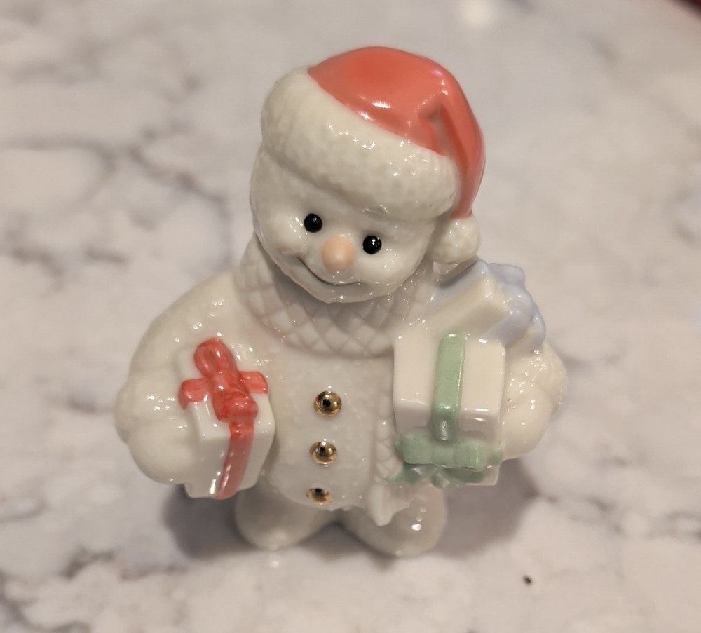 Lenox Ceramic Snowman Figurine with Red Hat and Pastel Gifts